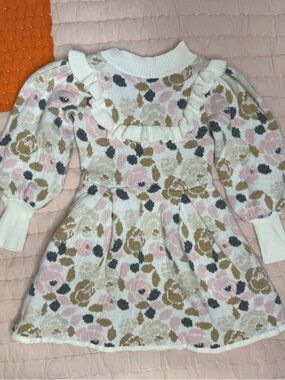 Janie and Jack Cream Knit Dress with Pink and Tan Floral Print